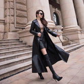 New single-breasted leather trench coat women autumn women's slim European and American over the knee lapel