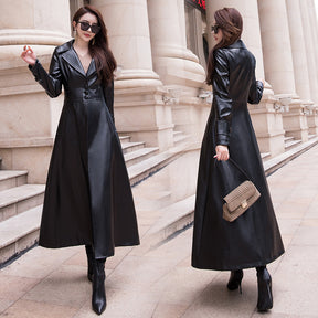 New single-breasted leather trench coat women autumn women's slim European and American over the knee lapel