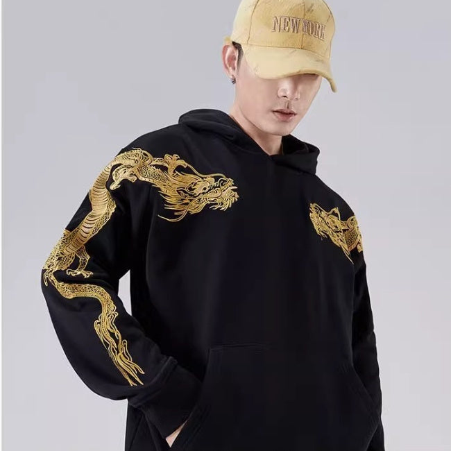 Autumn Winter High-end Hoodie Men's Pure Cotton Golden Dragon Embroidery Loose Hooded Trend Coat