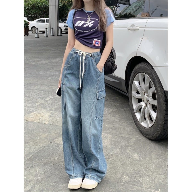 American High Street Drawstring Elastic Waist Jeans Women