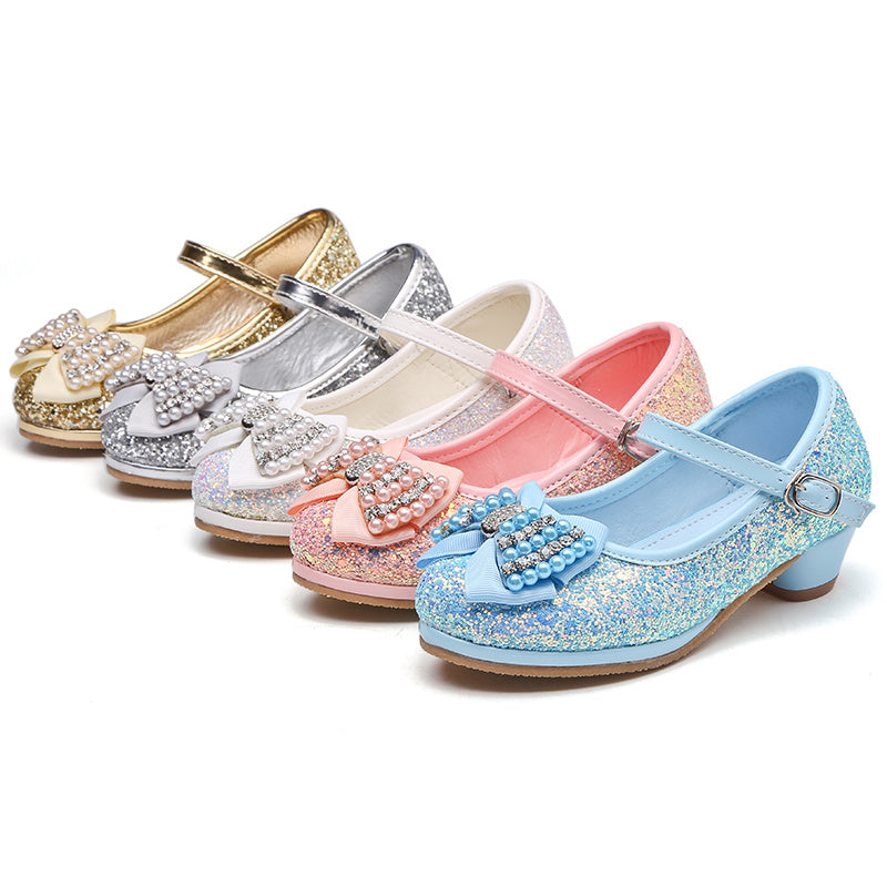 Children's bow high heel crystal shoes