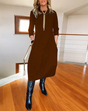 Autumn And Winter New All-matching Solid Color Loose Round-neck Long-sleeved Dress Women