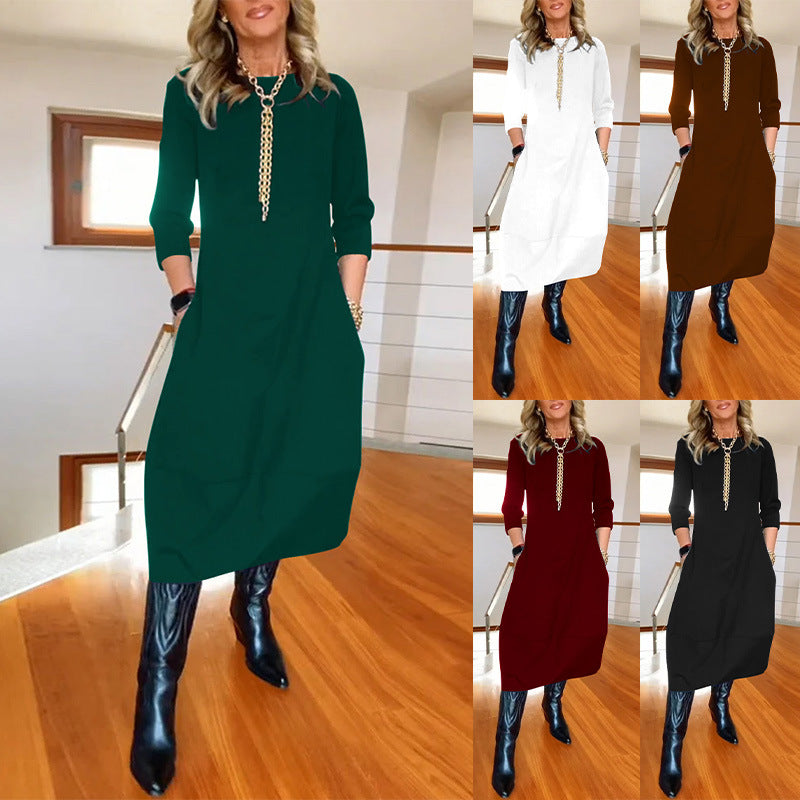 Autumn And Winter New All-matching Solid Color Loose Round-neck Long-sleeved Dress Women