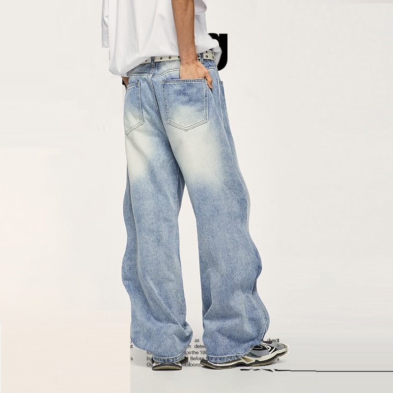 Street White Washed Wave Wide Leg Jeans Men